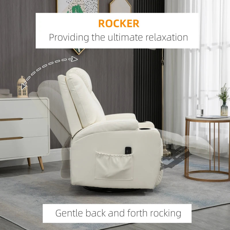 HOMCOM Massage Recliner Chair for Living Room with 8 Vibration Points, PU Leather Swivel Rocker Manual Reclining Chair with Cup Holders, Cream White