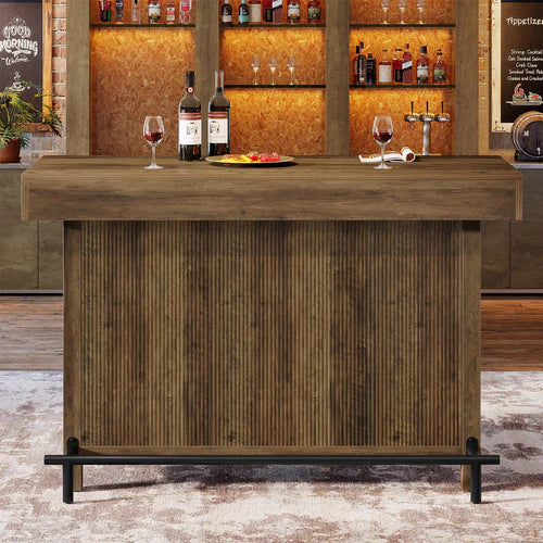 57.48" Industrial Bar Unit Counter Height Bar Table with 2-Tier Storage Shelf and Metal Footrest for Home Bar Dining Rustic Brown