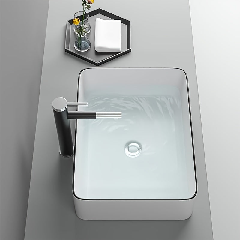 Modern Art Rectangular Ceramic Bathroom Sink, 19"x15" Vanity Basin with White Body and Black Trim