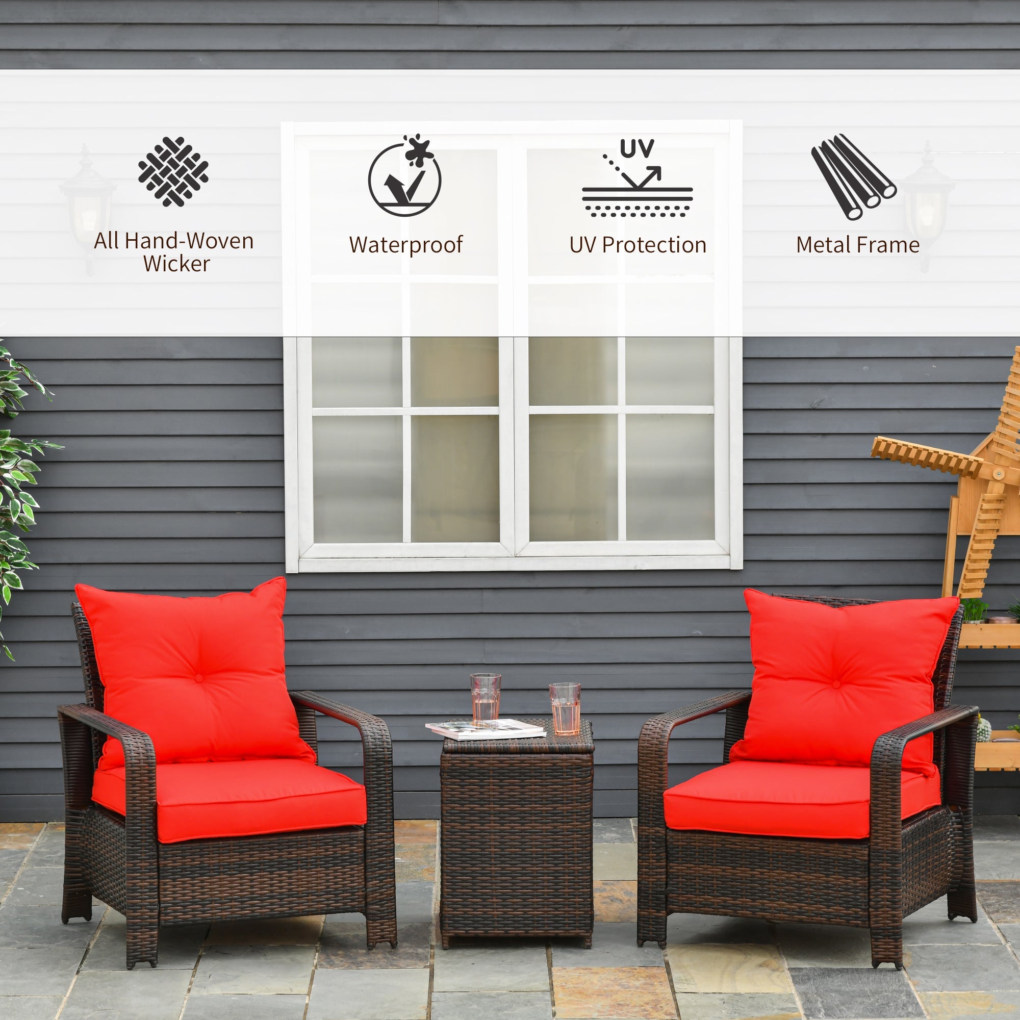 Outsunny 3pc Rattan Garden Sofa Set 2 Chairs Storage Table Cushioned