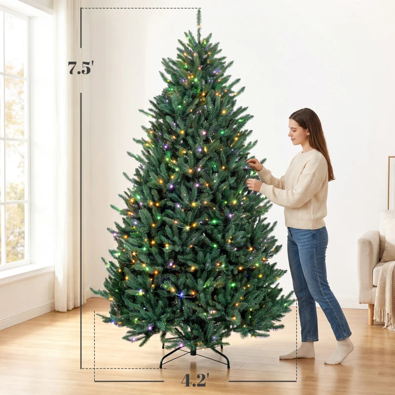 HOMCOM 7.5ft Prelit Christmas Tree, Colorado Blue Spruce, Easy Plug, Hinged Xmas Tree with Warm White & Multi-Color LED Lights