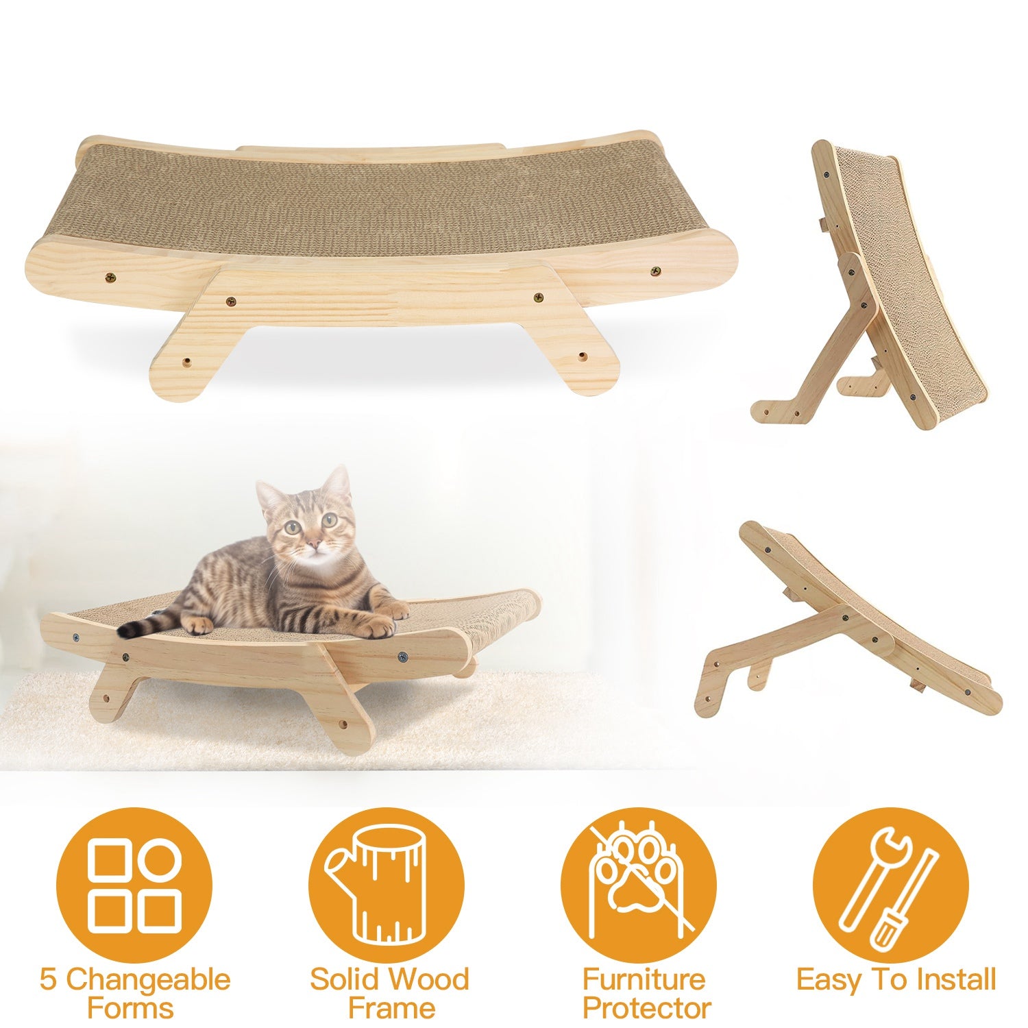 5 Changeable Forms Cardboard Cat Scratcher Double-Sided Cat Scratching Pad With Solid Wood Structure Indoor Reversible Cat Scratcher Lounge