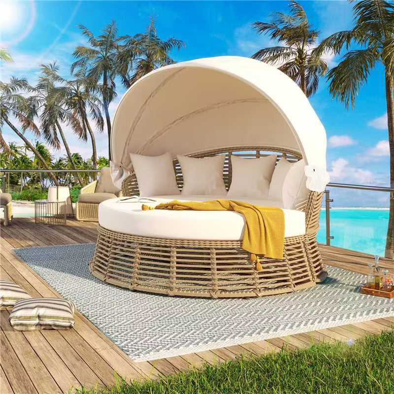 Outdoor Patio Rattan Round Daybed with Retractable Canopy & Cushions