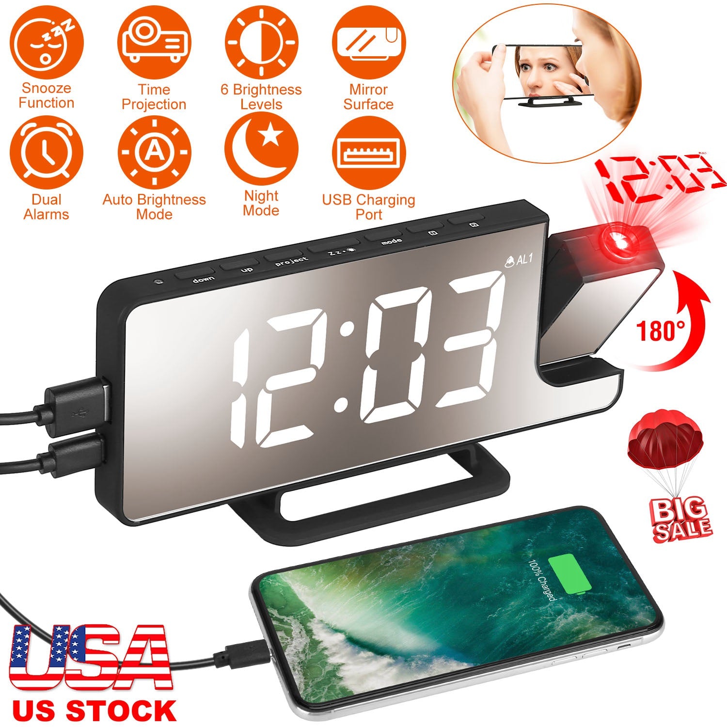 Projection Alarm Clock LED Digital Alarm Clock with Dual Alarms Snooze Function 6 Dimmer 12/24 Hour USB Port 7.7In Mirror