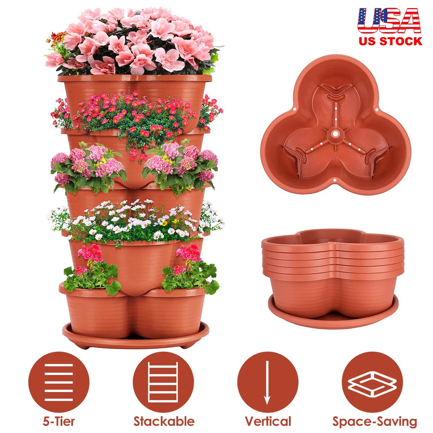 5 Tier Vertical Stackable Planter Garden Tower Stackable Planter Outdoor Gardening Pots for Strawberries Flowers Herbs Vegetables