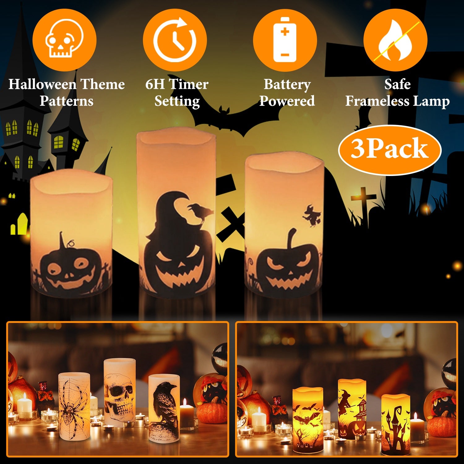 3 Pack Halloween Flameless Candle Lamp with Timer Setting Battery Powered Warm Orange Light Candles for Halloween Party Decoration Pumpkin Crow Bat
