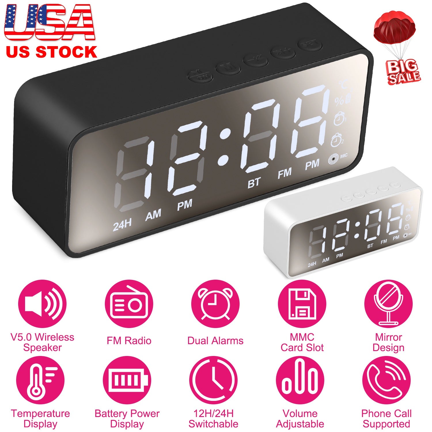 Mirror Digital Alarm Clock LED V5.0 Wireless Speaker Clock with FM Radio Temperature Display MMC Card Slot