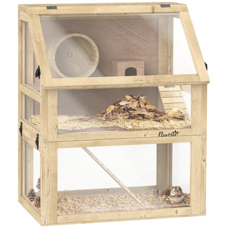 Wooden Hamster Cage, 3 Tier Gerbil Cage with Deep Bottom, Hut, Seesaw, Exercise Wheel, Ramps, 24" x 16" x 29.5"
