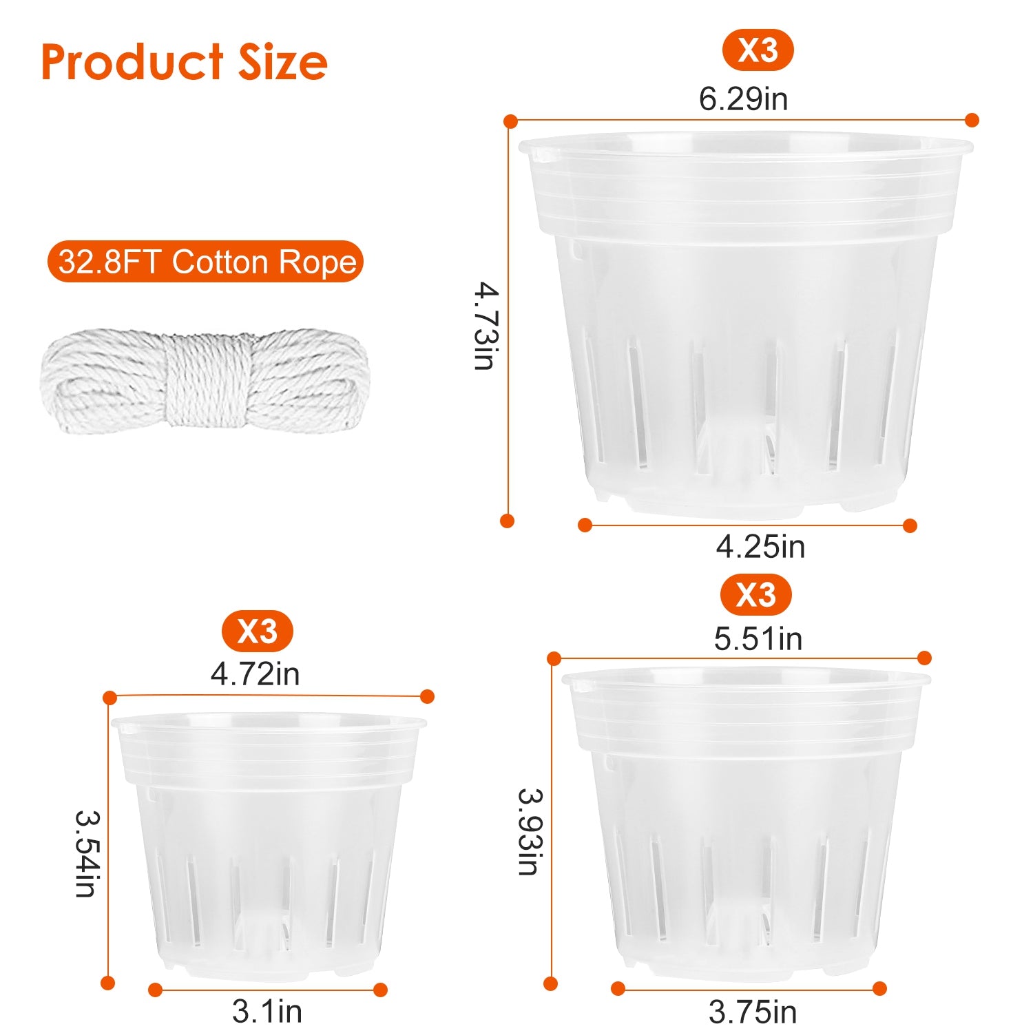 9Pcs Orchid Pots Clear Reusable Plastic Flower Plant Nursery Planter Seed Starter Pots with Drainage Holes with 32.8FT Rope 4.72in/5.51in/6.29in