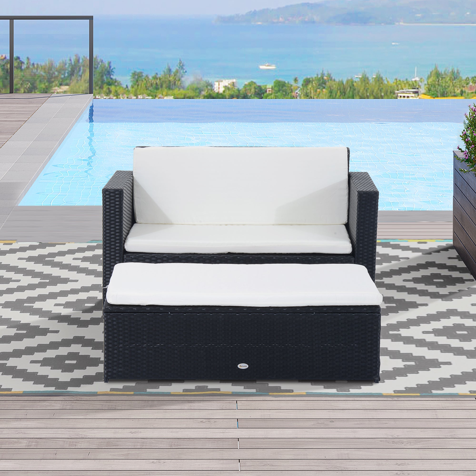 Aosom Rattan Loveseat and Ottoman Set - 2pc Wicker Sofa Table Set with Cushions for Outdoor Patio Furniture