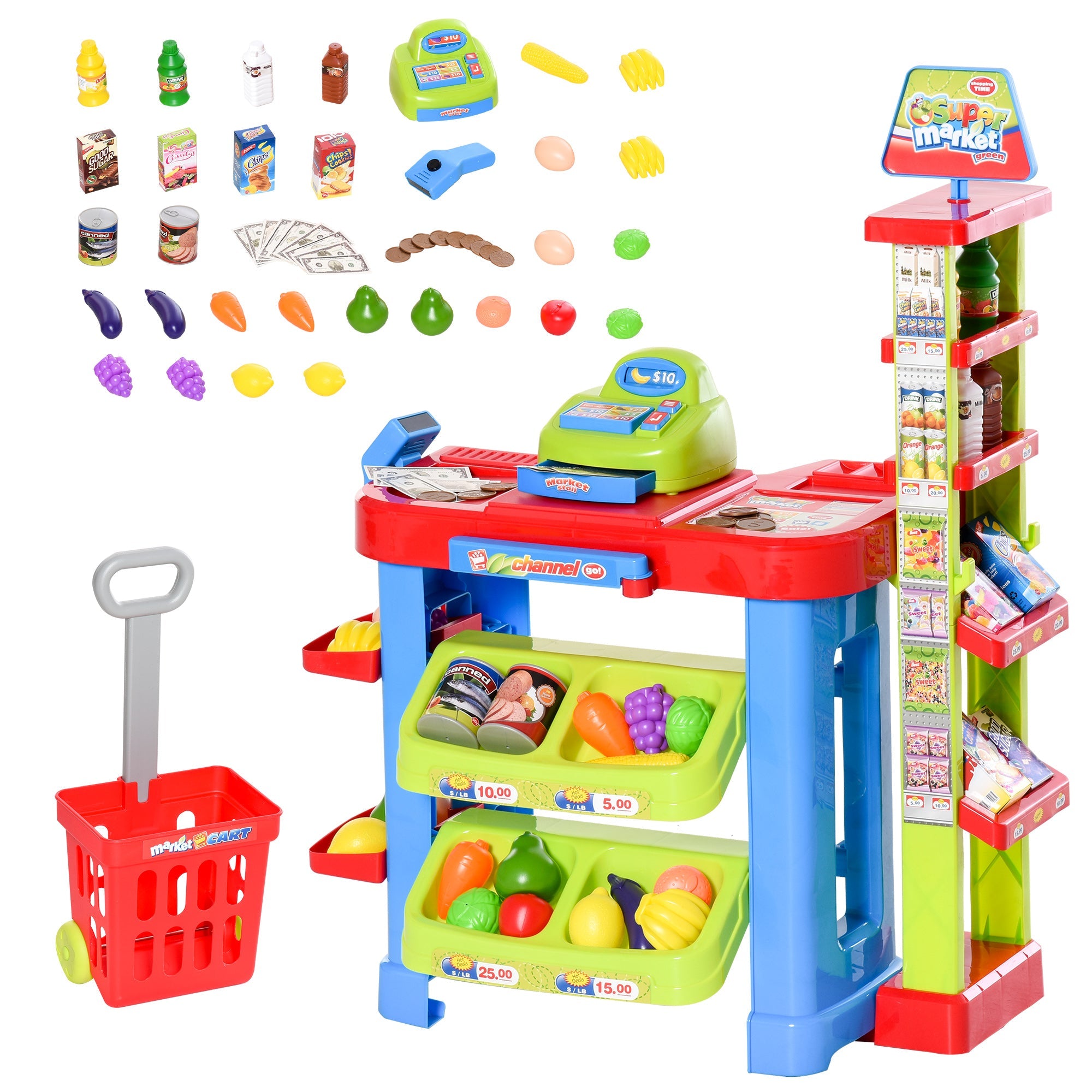 Qaba Kids Supermarket Playset with Shopping Cart and Accessories Realistic Grocery Store Pretend Play Toy with Light and Sound