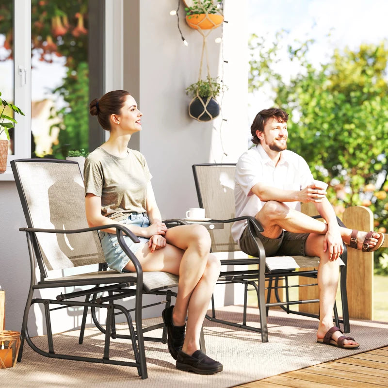 Double Patio Glider Chair with Glass Top Center Table, Outdoor Glider Loveseat with High Back, All Weather Breathable Mesh Fabric for Garden, Backyard, Deck, Light Brown