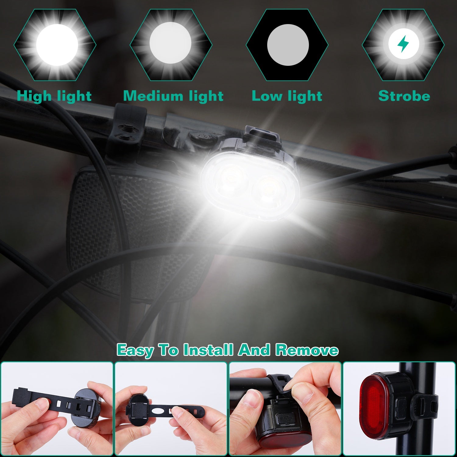 Bike Headlight Taillight Set USB Rechargeable Bicycle Safety Lamp IPX4 Waterproof Bicycle LED Front Light Taillight
