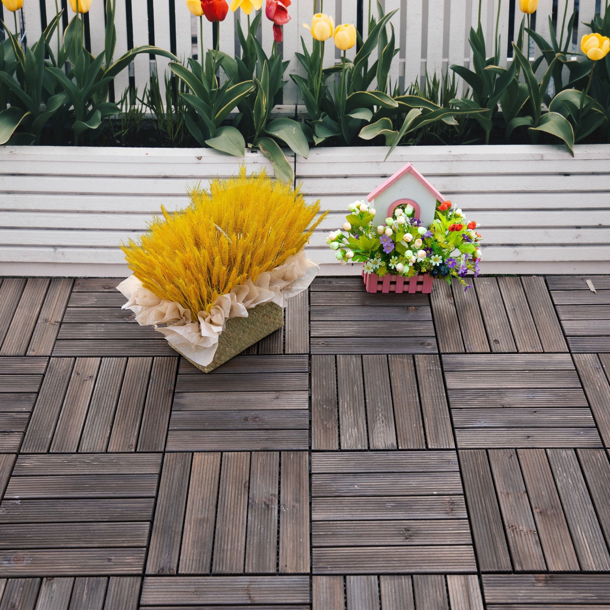 Outsunny Durable Interlocking 27 Pcs Wood Floor Deck Tiles Outdoor Space Enhancer Black