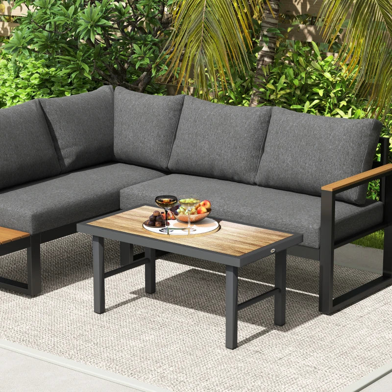 Outdoor Side Table with SPC Woodgrain Tabletop, Metal Patio Coffee Table for Outside Garden, Brown