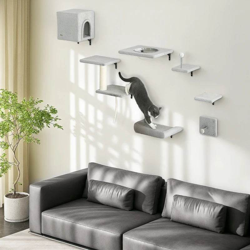 Cat Wall Shelves Set of 7, Shelves and Perches with House, Sisal Post Ladder, Bed & Ball, Grey