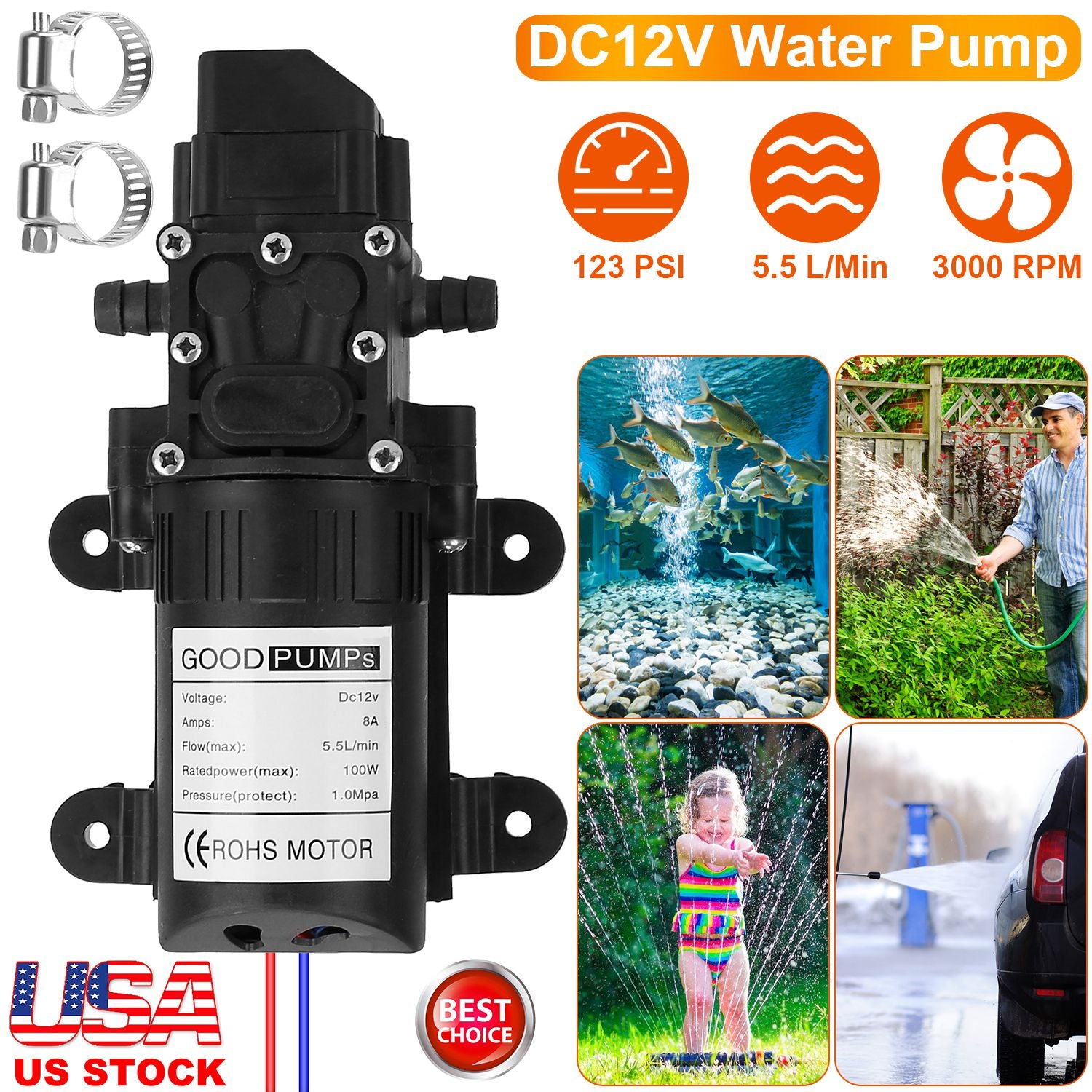 12V Water Pump with 2 Hose Clamps 123PSI Self Priming Sprayer Pump 100W Electric Diaphragm Water Pump 5.5L/Min for RV Camper Marine Boat