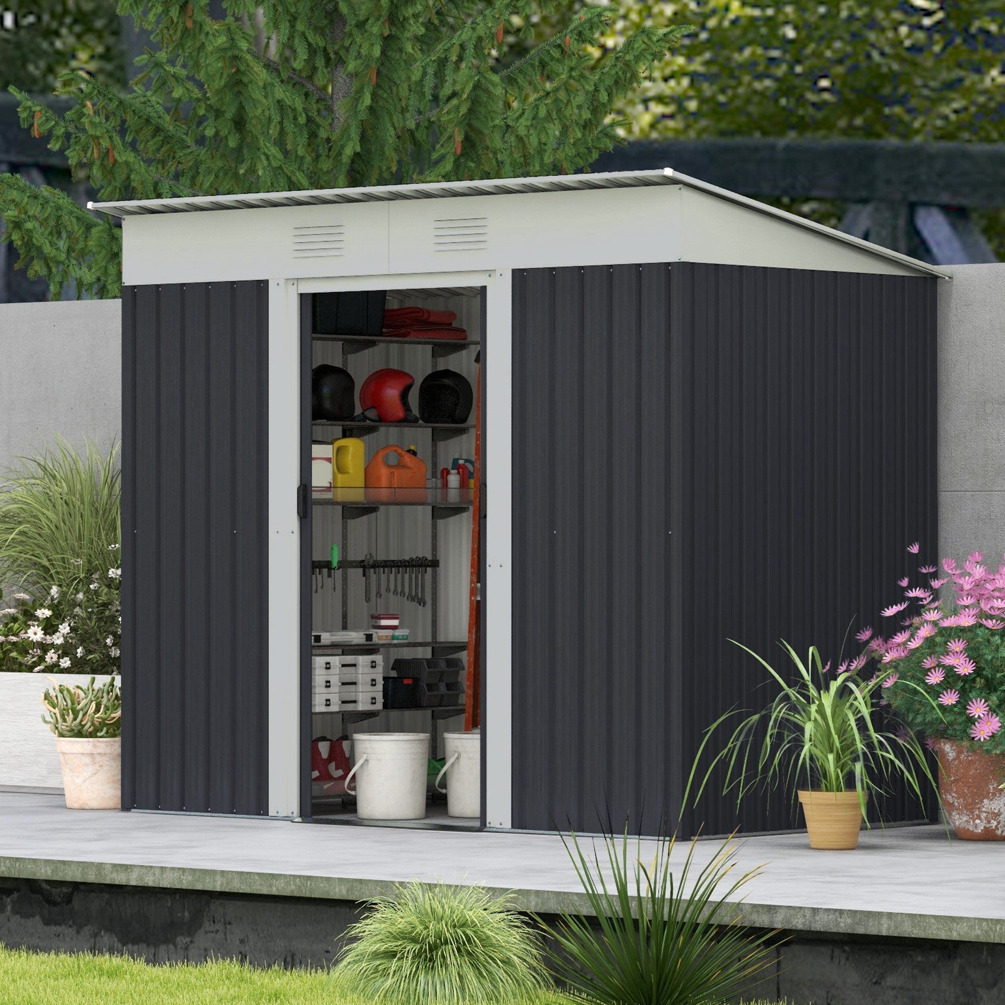 Outsunny 7' x 4' Outdoor Storage Shed, Metal Garden Tool Storage House Organizer with Lockable Sliding Doors and Vents, Charcoal Grey
