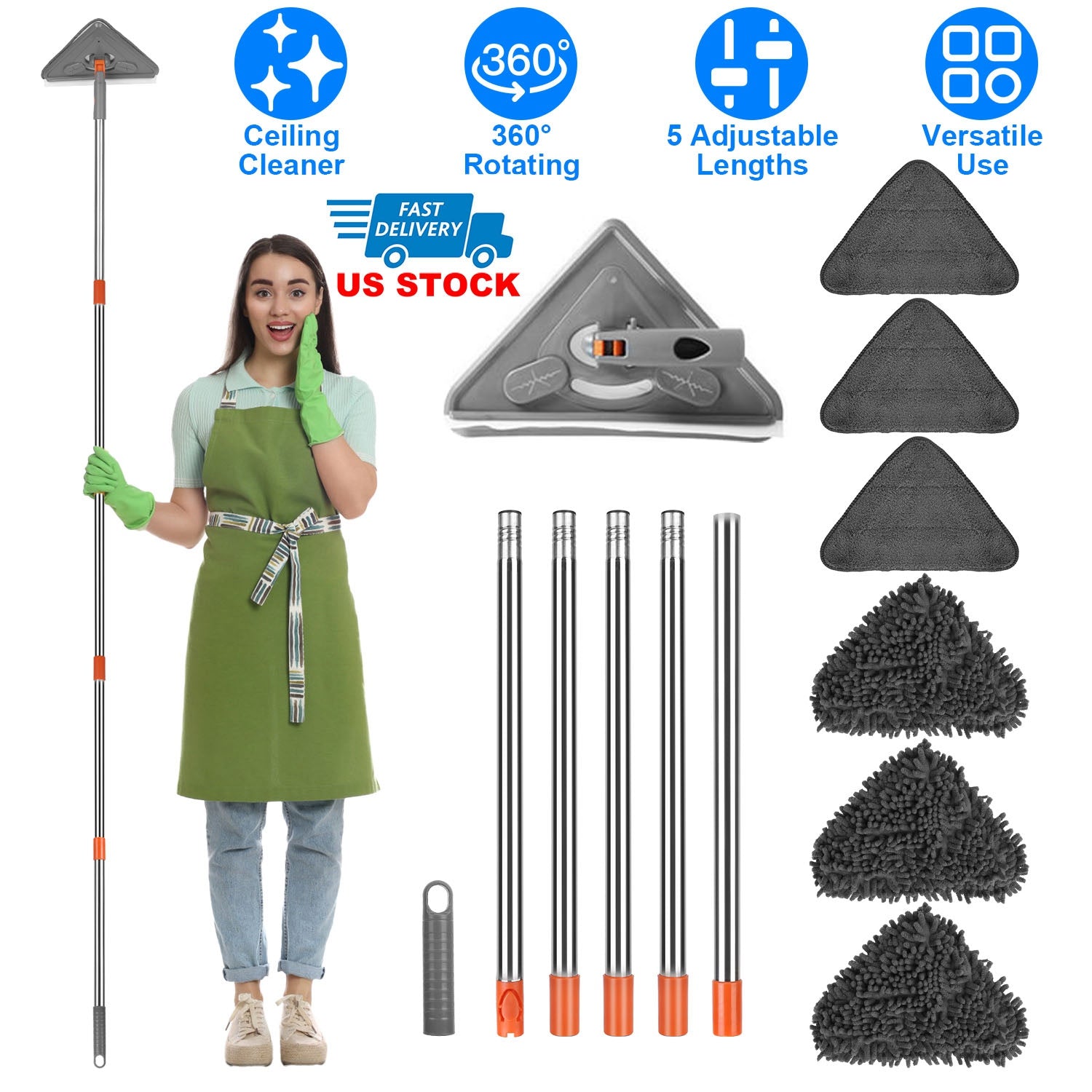 21.85?To 82.68?Length Adjustable Triangle Cleaning Mop Wall Cleaner Mop with Long Handle Window Baseboard Floor Ceiling Mop with 6 Replacement Pads