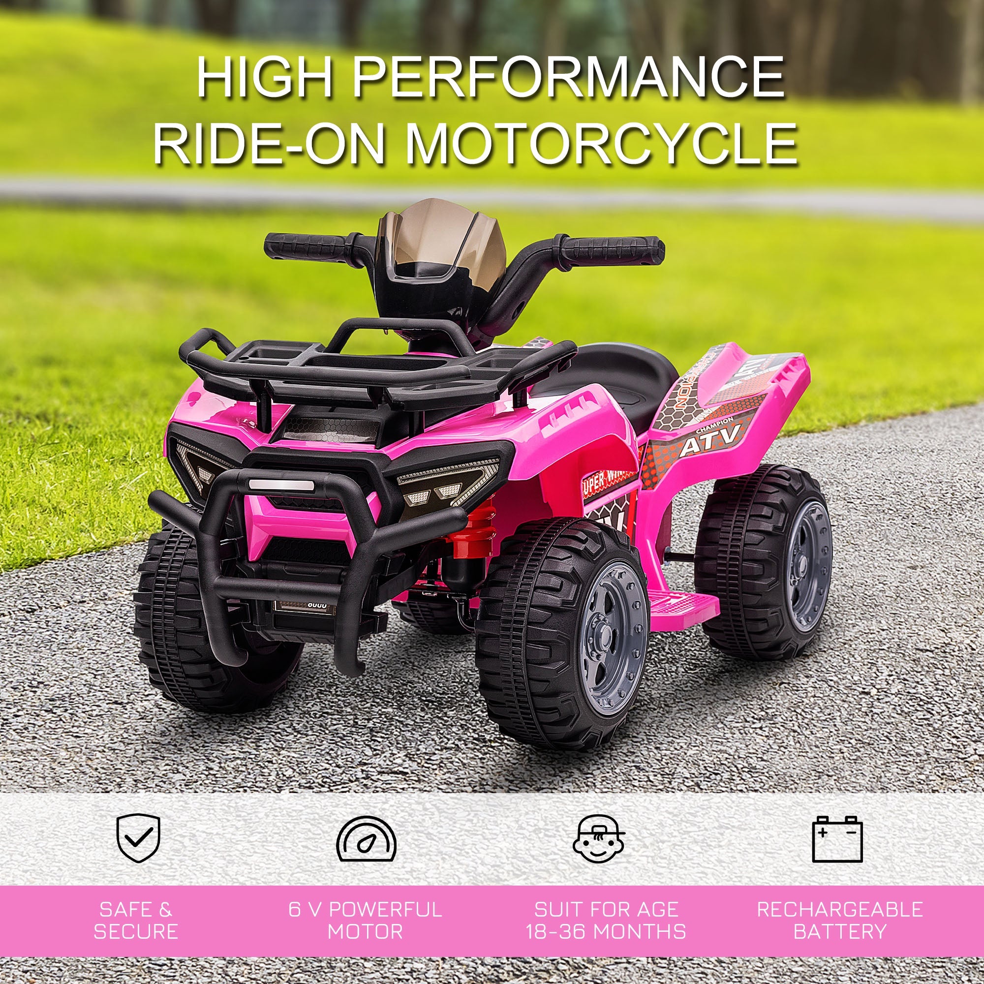 Aosom Ride-On ATV: 6V Battery Powered, Four Wheeler, Headlights, 18-36 Months, Pink, Toddler Quad