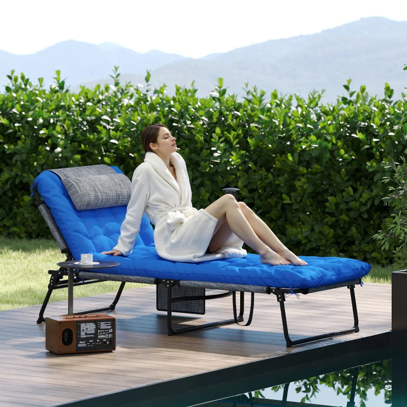 Folding Lounge Chair with 4-level Reclining Back & Cushion, Blue