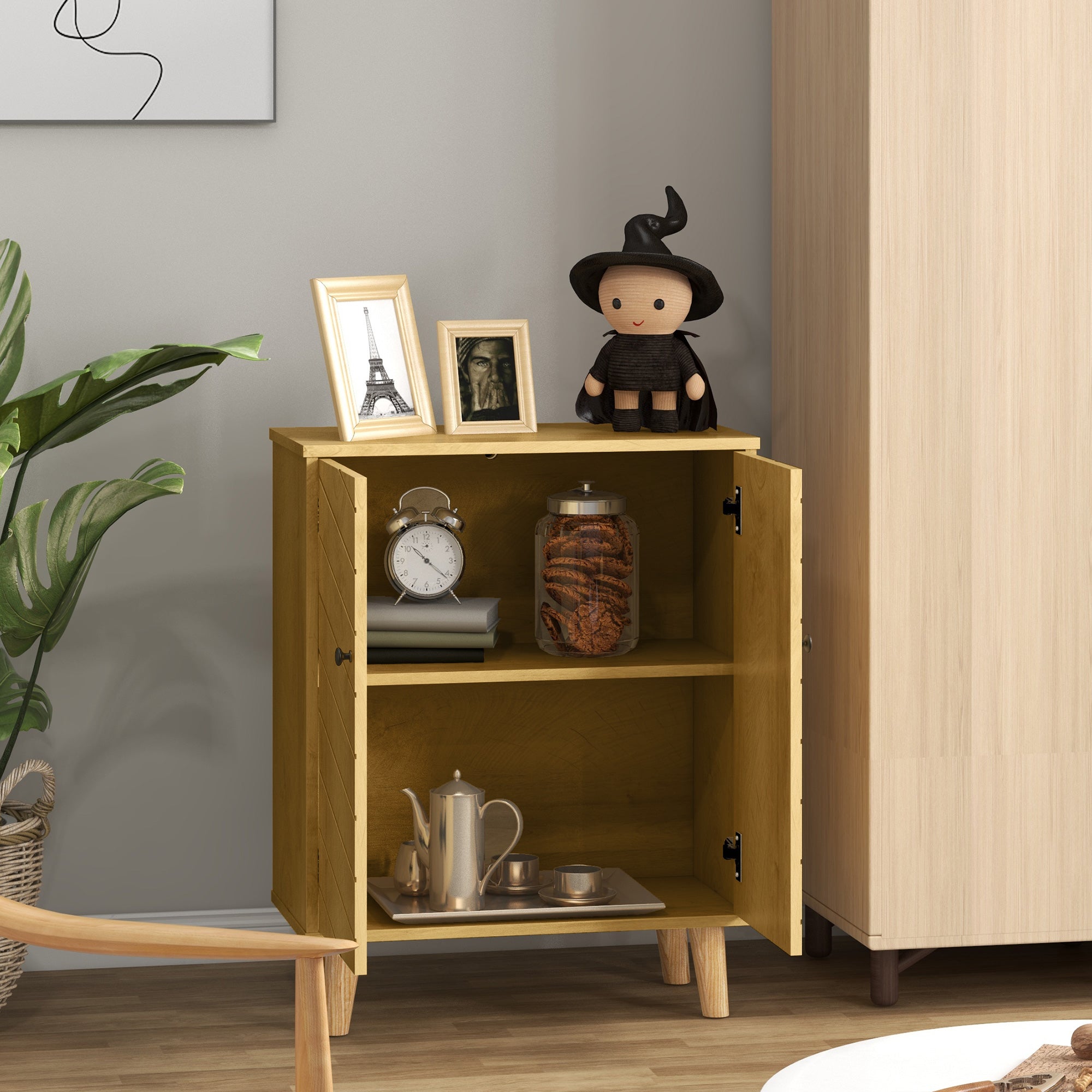 HOMCOM Natural Wood Storage Cabinet: Shelf Cupboard with Wood Legs for Living Room, Bathroom & Versatile Organization