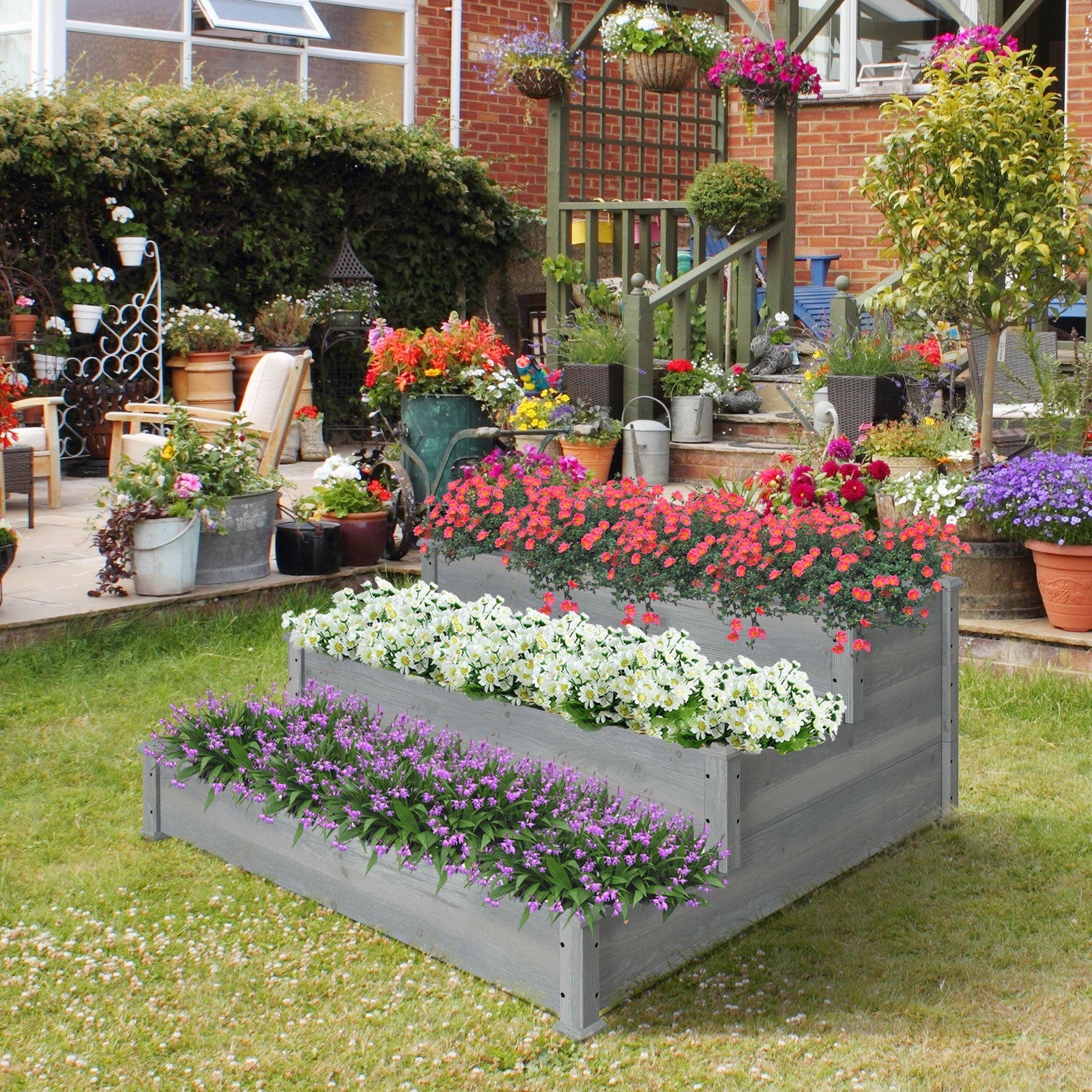 Outsunny 3-Tier Raised Garden Bed 49"x49"x22" Planter Box Backyard Patio Veggies Flowers Herbs Growing Gardening Outdoor Grey