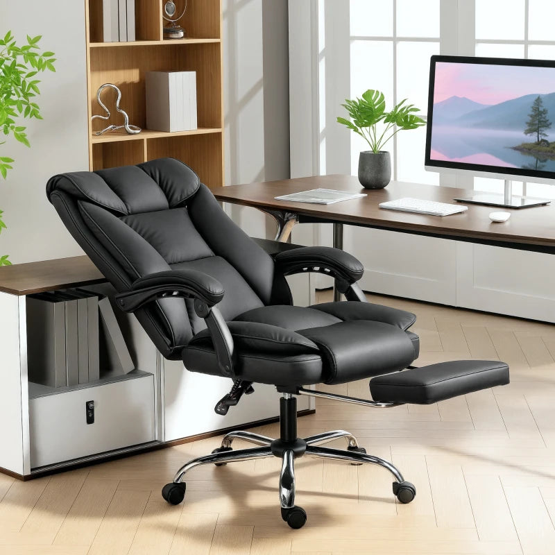 Executive Office Chair, Pet-Friendly Leather Ergonomic Desk Chair with Footrest, Swivel Recliner, Black