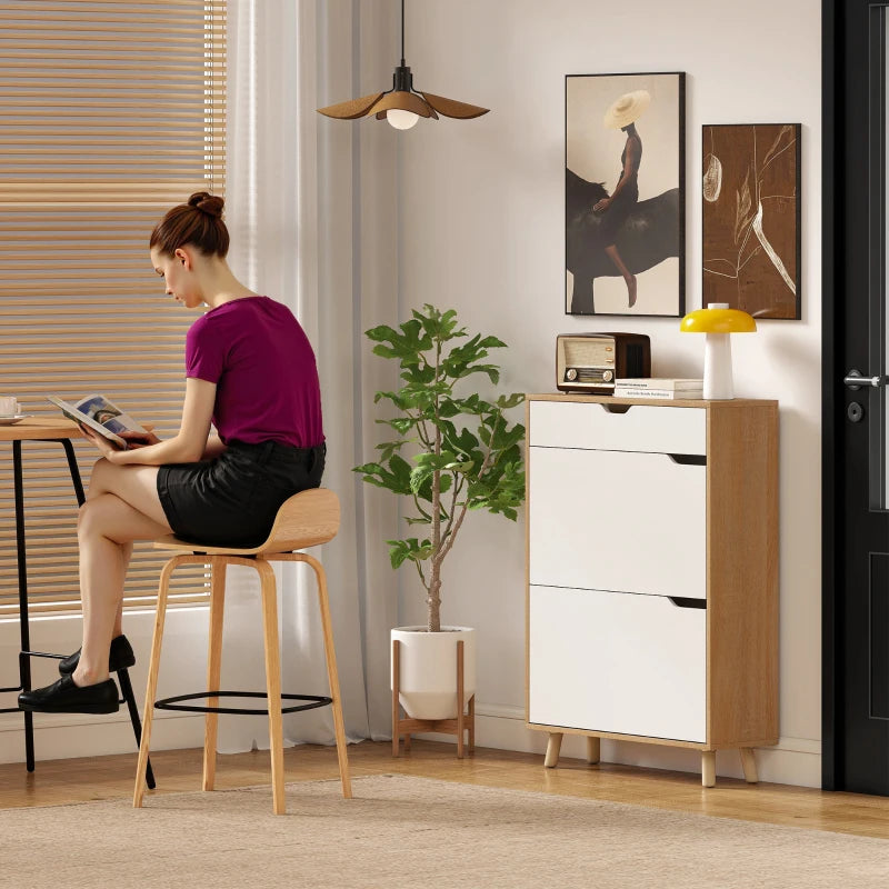 Narrow Shoe Cabinet for Entryway with 2 Flip Drawers, Top Drawer and Adjustable Shelves for 12 Pairs of Shoes, White