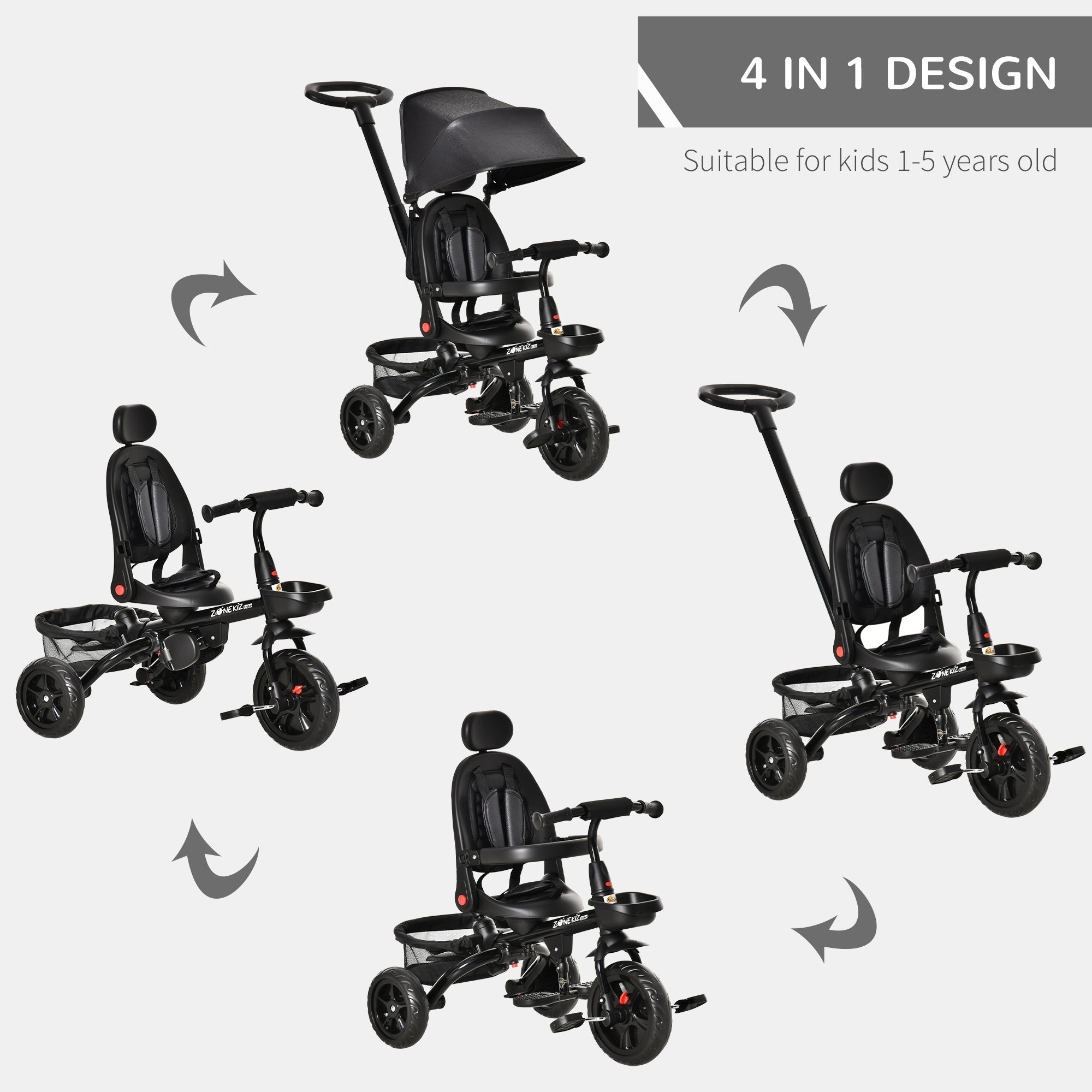 Aosom Qaba Versatile Trike: Baby Tricycle 4 In 1, Reversible Seat, Adjustable Removable Canopy, Handrail Belt, Black