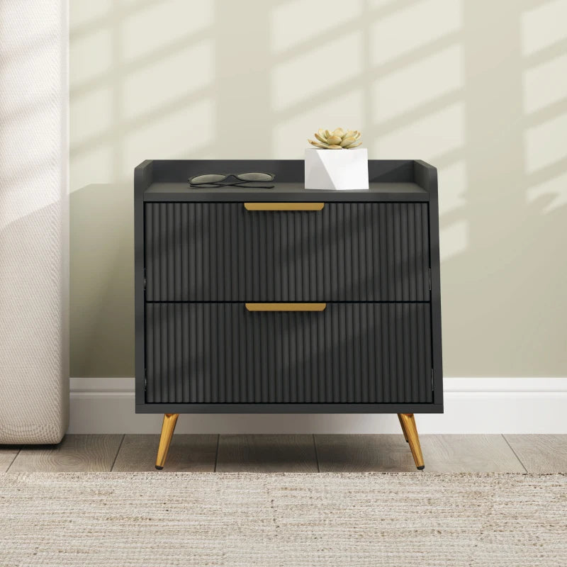 Bedside Table, Nightstand with 2 Drawers, Side End Table with Metal Legs for Bedroom, Black