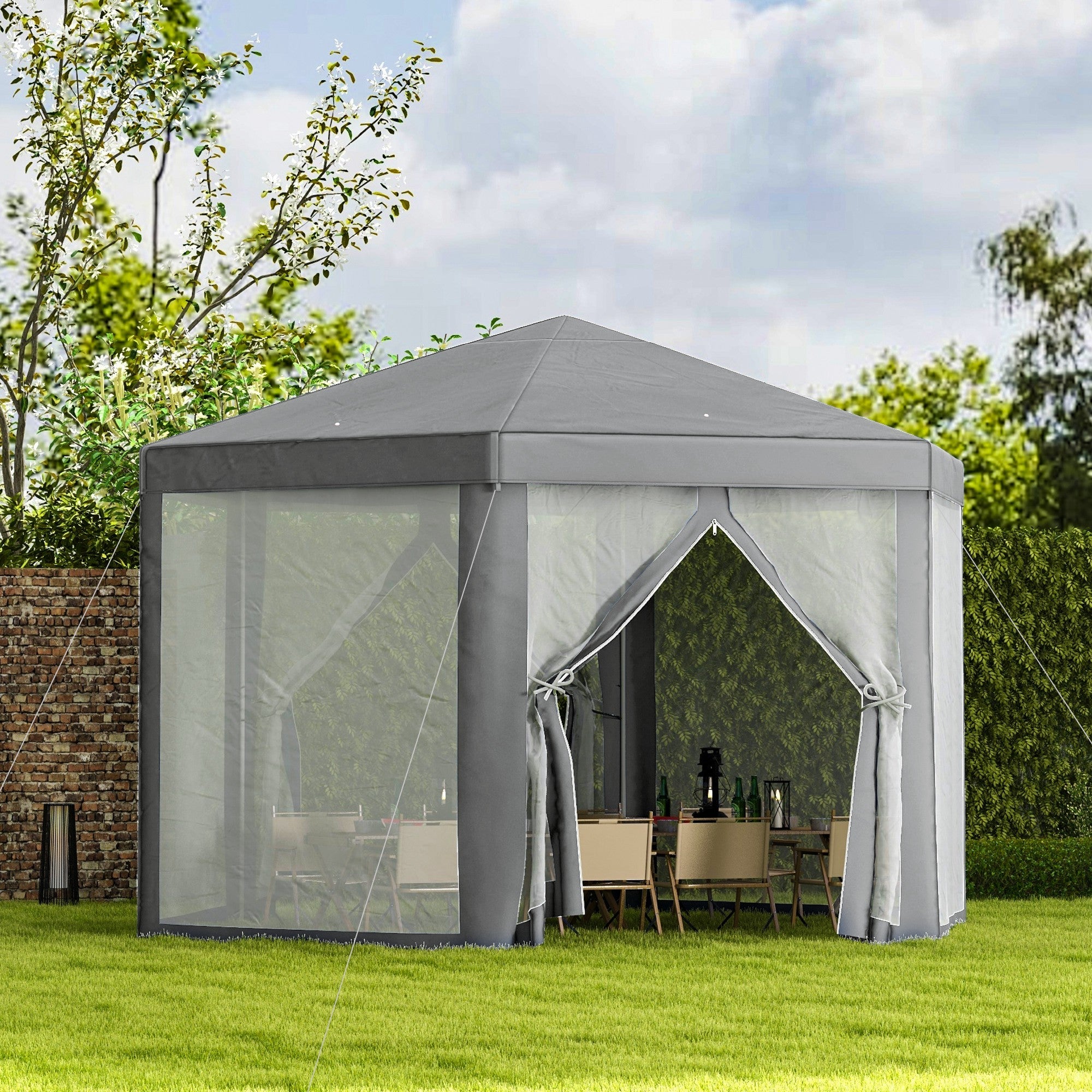 Outsunny Hexagon Party Tent, Patio Gazebo with Netting Mesh, Dark Grey