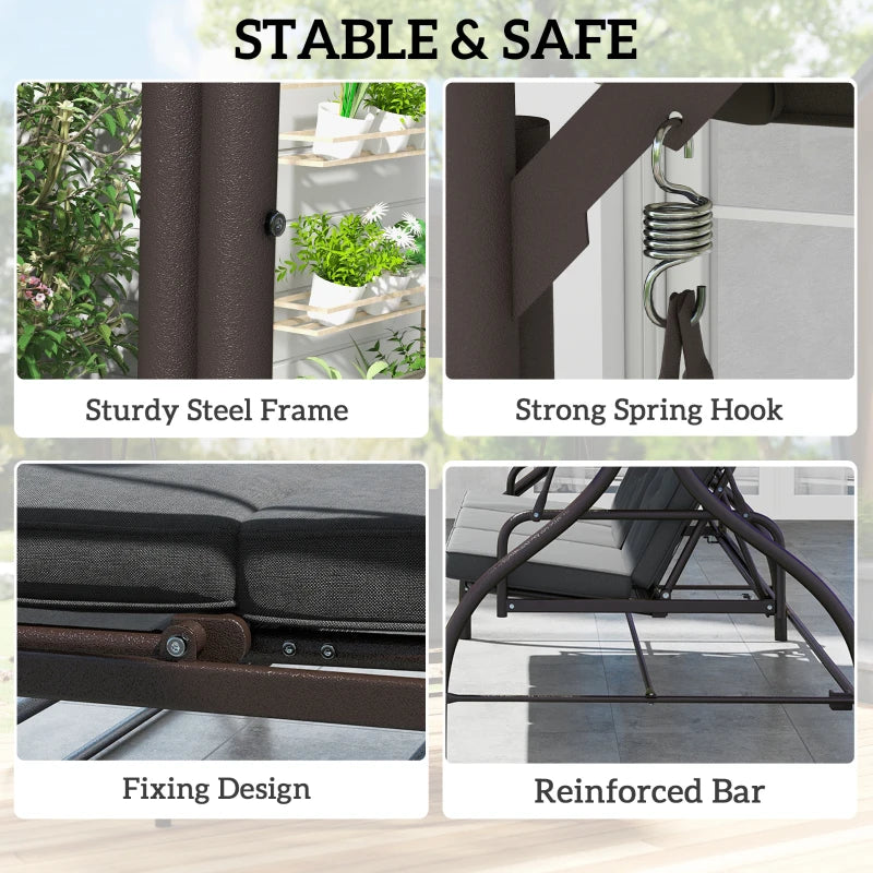 Convertible Patio Swing Bed with Canopy and Cushions, 3 Seater Porch Swing for Outdoor, Backyard, Garden, Dark Grey