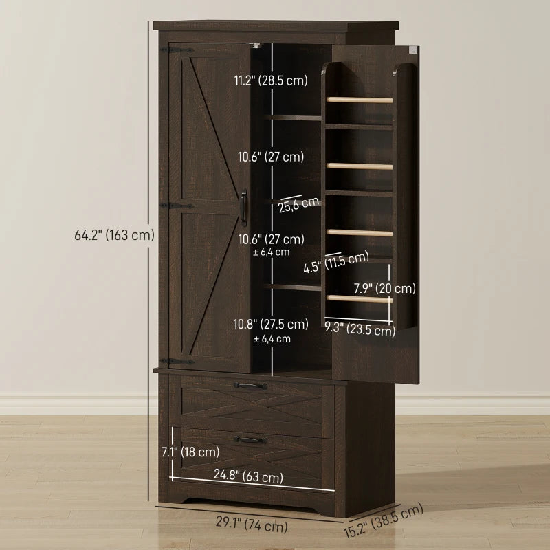 64" Farmhouse Kitchen Pantry Storage Cabinet, two 4-tier door shelves for spice bottles with 2 Drawers, Adjustable Shelf, Distressed Dark Brown
