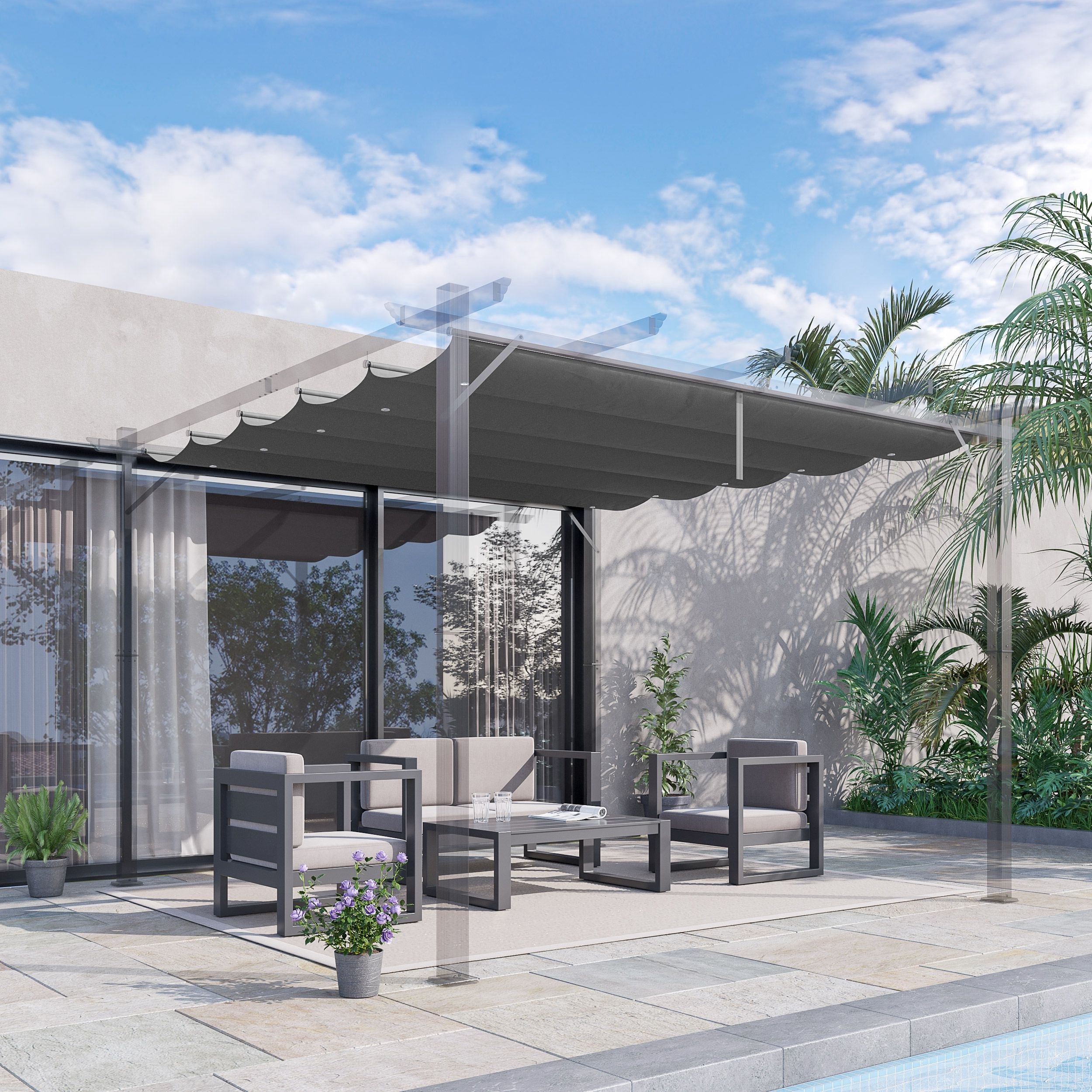 Outsunny Replacement Canopy for 9.8' Square Pergola Retractable Pergola Cover Dark Grey