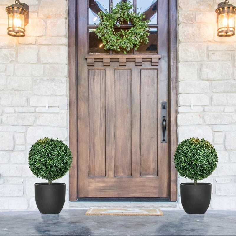 Artificial Boxwood Trees w/ Ground Stake, Set of 2 Ball Shaped Topiary Trees for Home Office & Living Room, UV Resistant