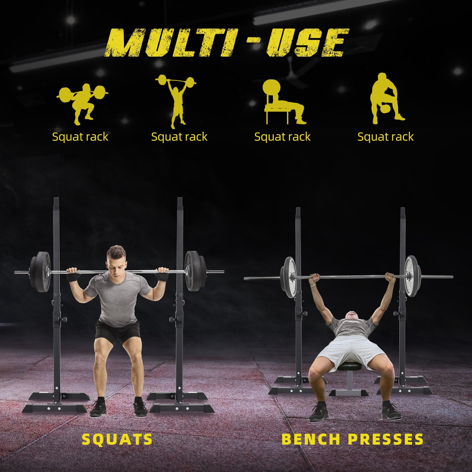 Soozier Adjustable Stable Power Squat Stand Portable 2 Bars Barbell Holder Weight Lifting Rack Black for Home Gym Workout