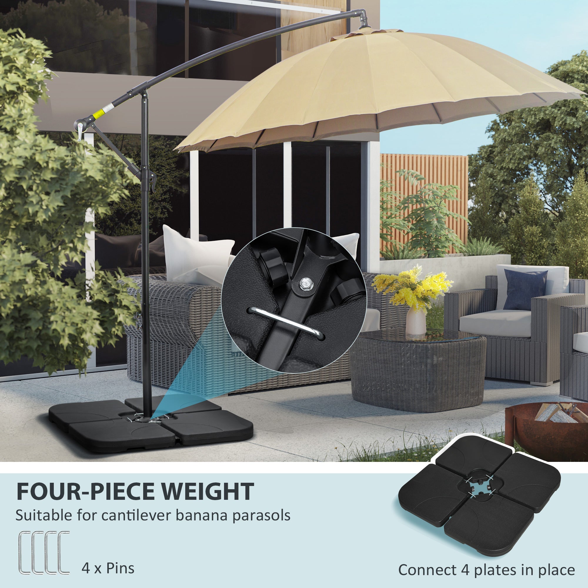 Outsunny 4-Piece Umbrella Base Stand: U-Locking 132lb Water 172lb Sand Capacity Black