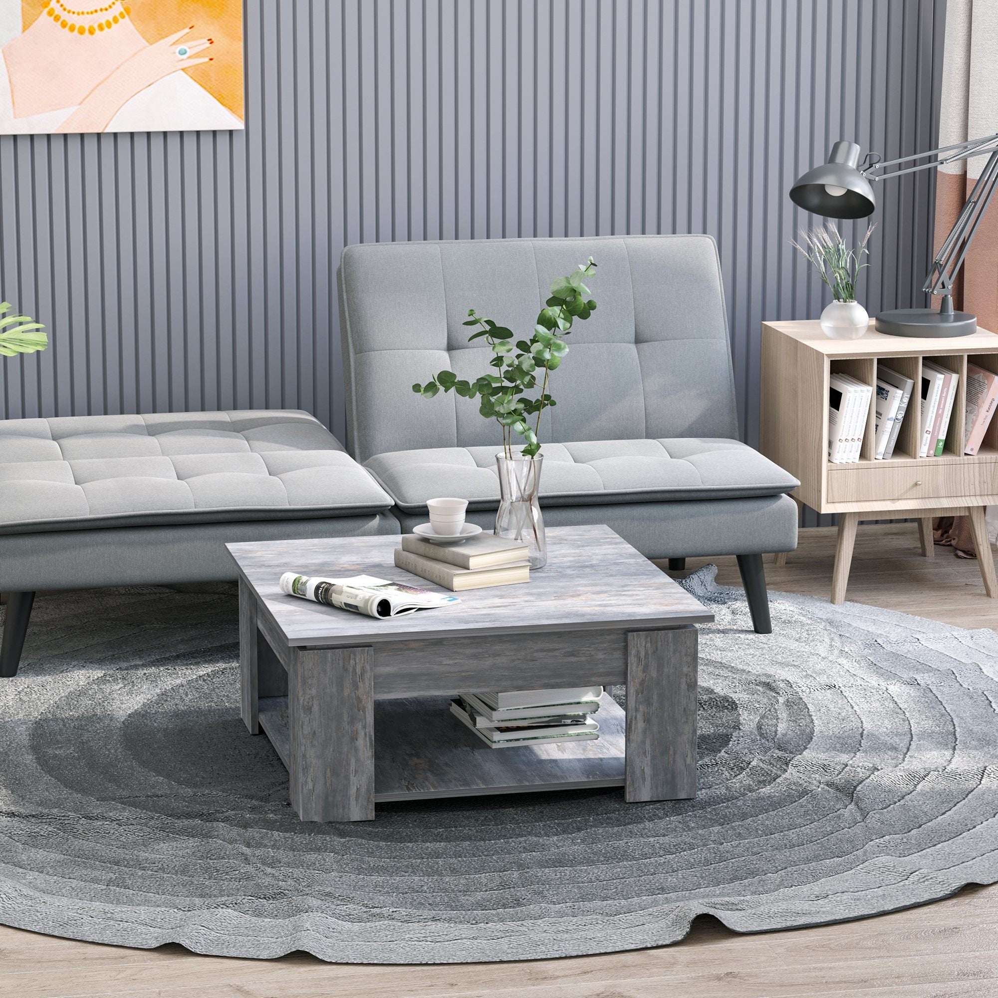 HOMCOM Grey Modern Coffee Table: Square Cocktail Table with Storage Shelf for Living Room