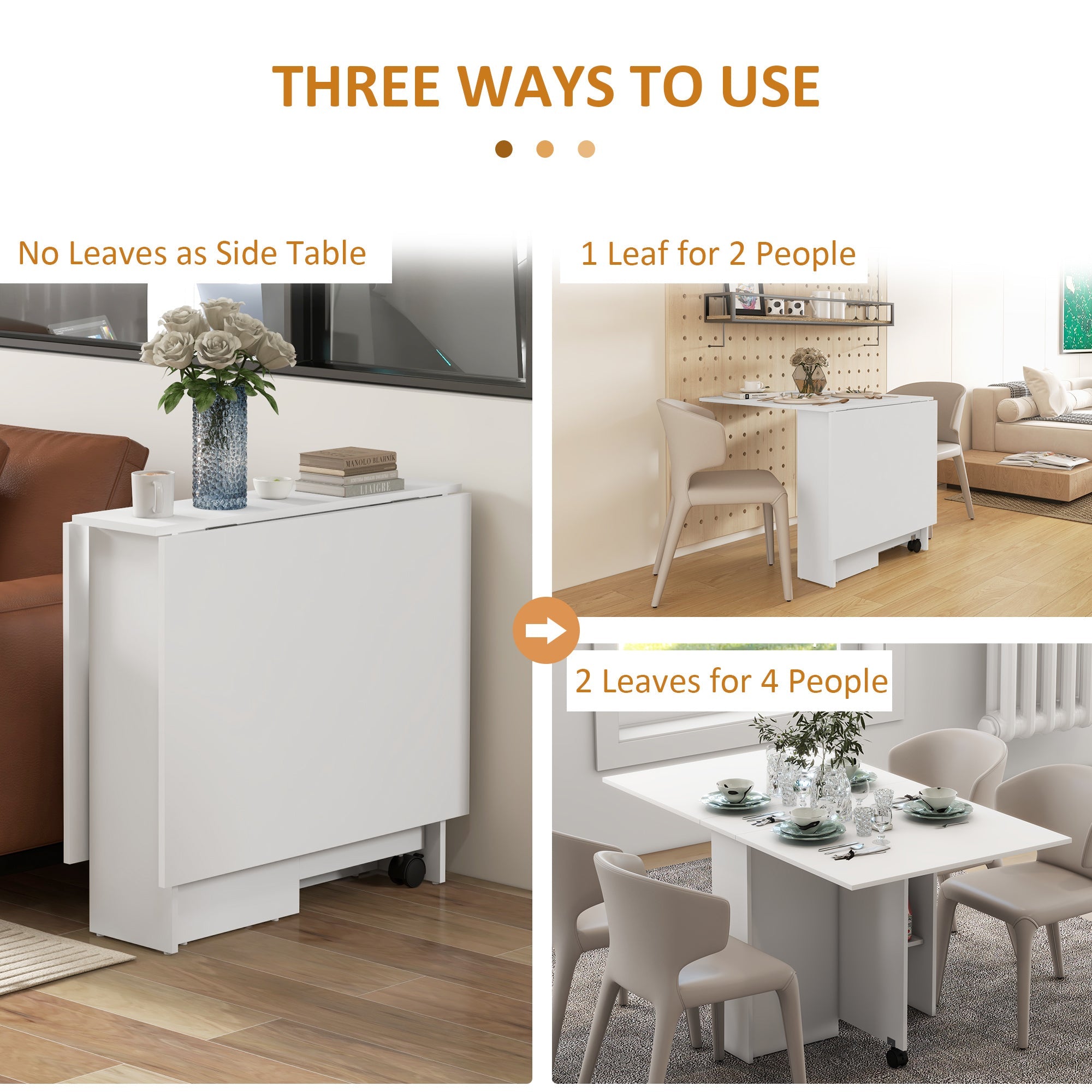 HOMCOM Foldable Drop Leaf Side Table Console Writing Desk with Storage Shelves 2 Wheels for Kitchen White Finish