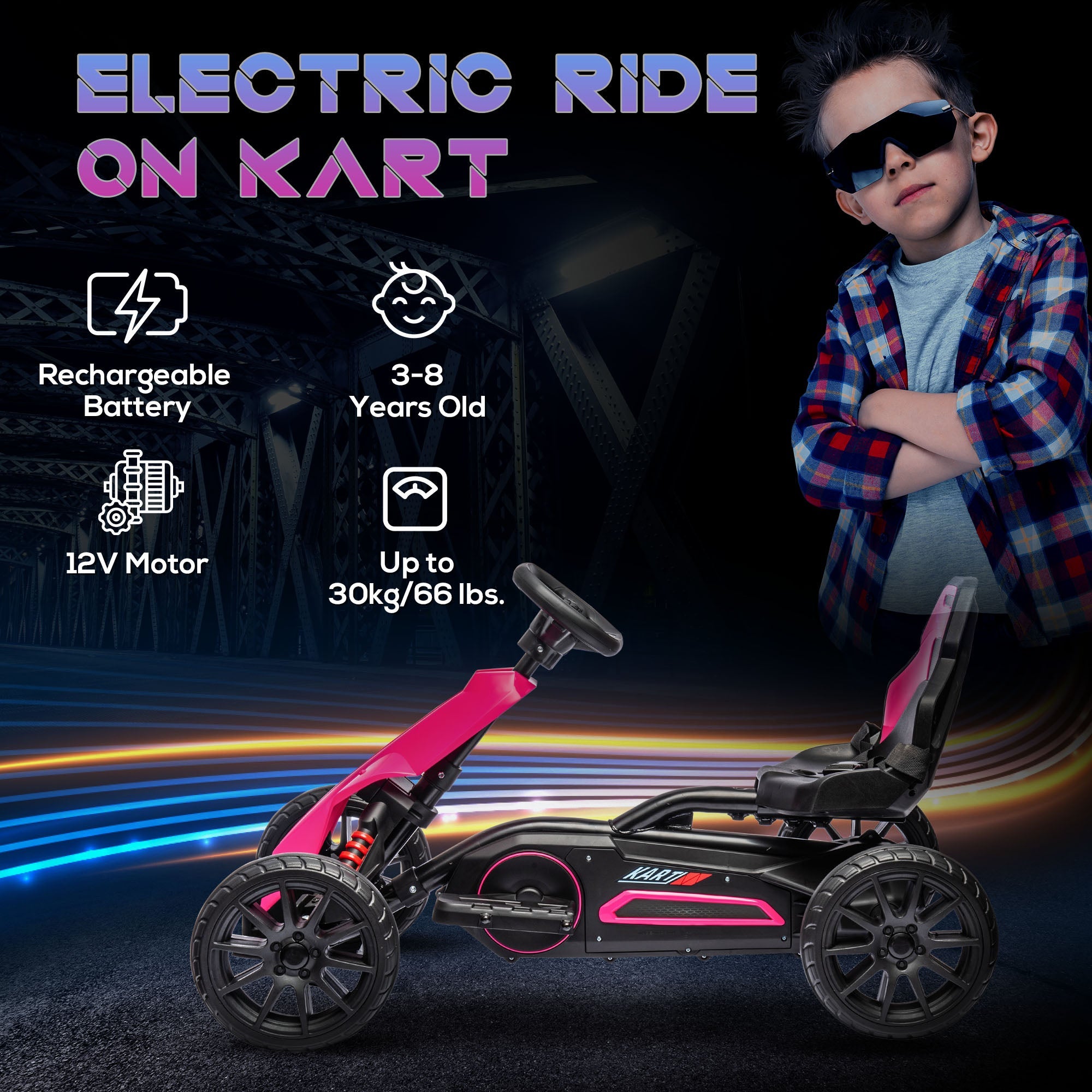 Aosom 12V Kids Electric Go Kart Racer Outdoor Car Forward Backward Adjustable Speed Pink for Ages 3-8