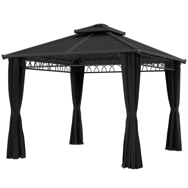 9' x 10' Outdoor Hardtop Gazebo Canopy w/ Double PC Roof, Steel Frame, Nettings, Curtains for Garden Lawn Deck, Black
