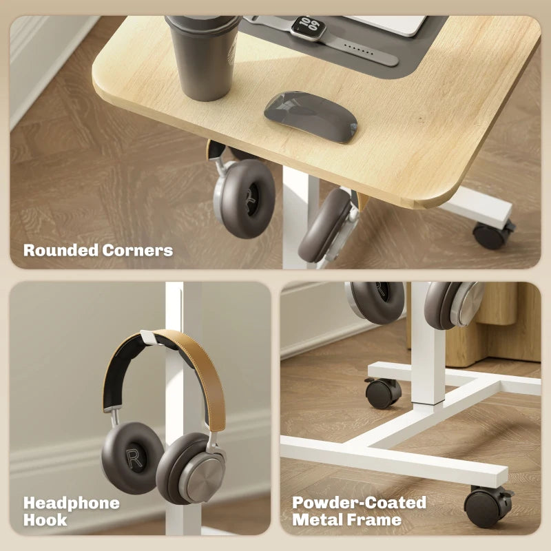 Height Adjustable Standing Desk, Pneumatic Sit Stand Desk with Wheels and Headphone Hook, Natural Wood Grain