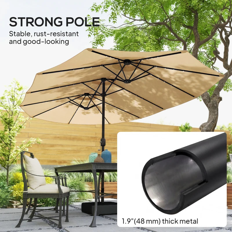 Double-sided Patio Umbrella with Base Included & 48 LED Lights 15ft Khaki