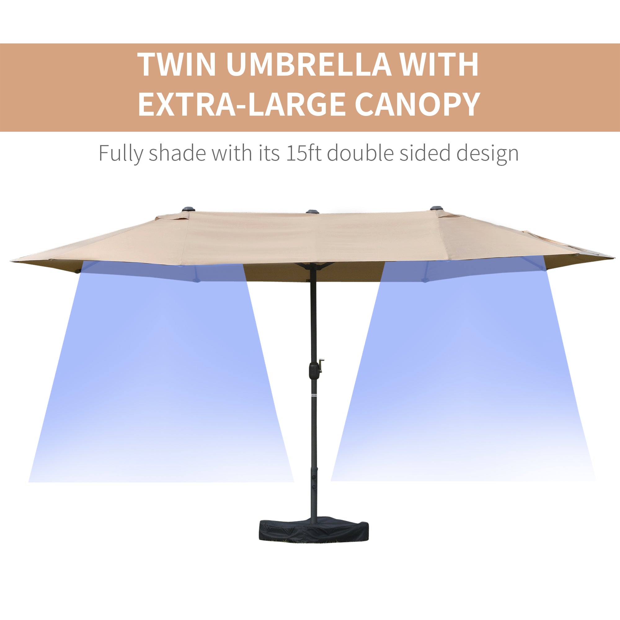 Outsunny 15' Outdoor Patio Umbrella with Twin Canopy Sunshade & Steel Table Umbrella with Lift Crank, Cross base, Sandbag, Khaki
