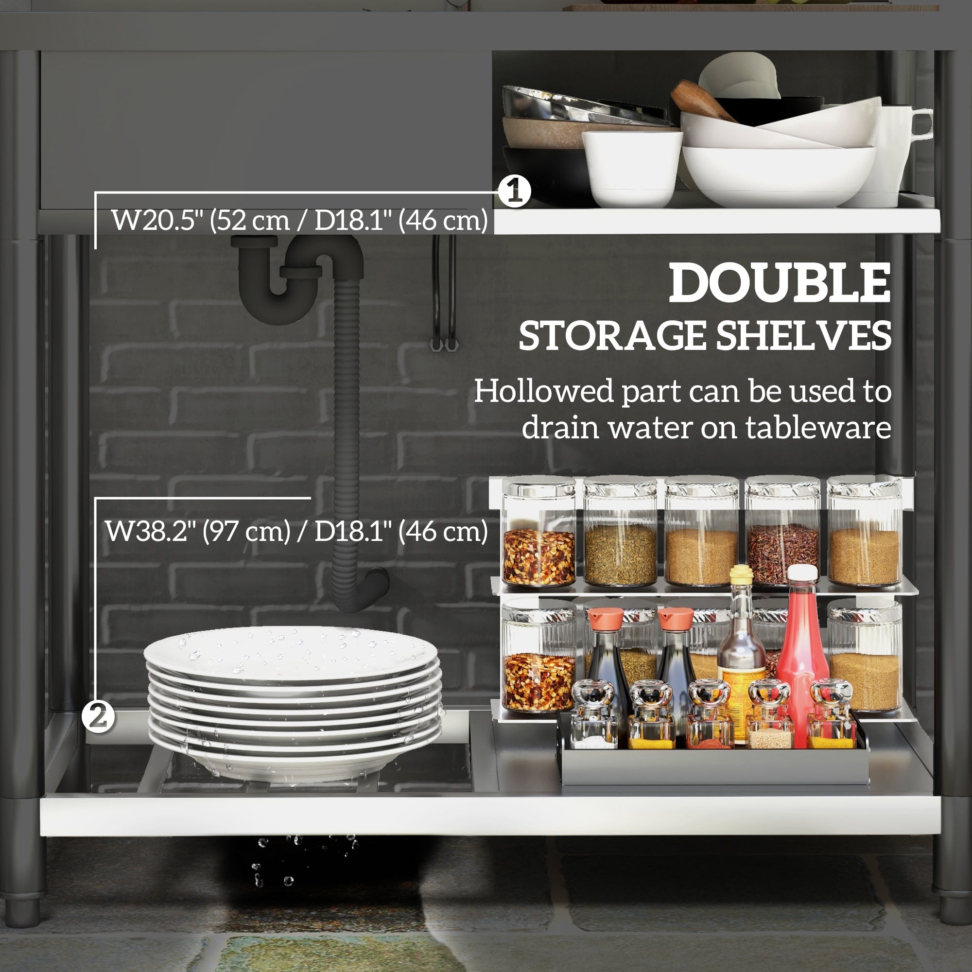 HOMCOM Stainless Steel Outdoor Utility Sink with Cold and Hot Water Pipe and Double Storage Shelves for Laundry Garage