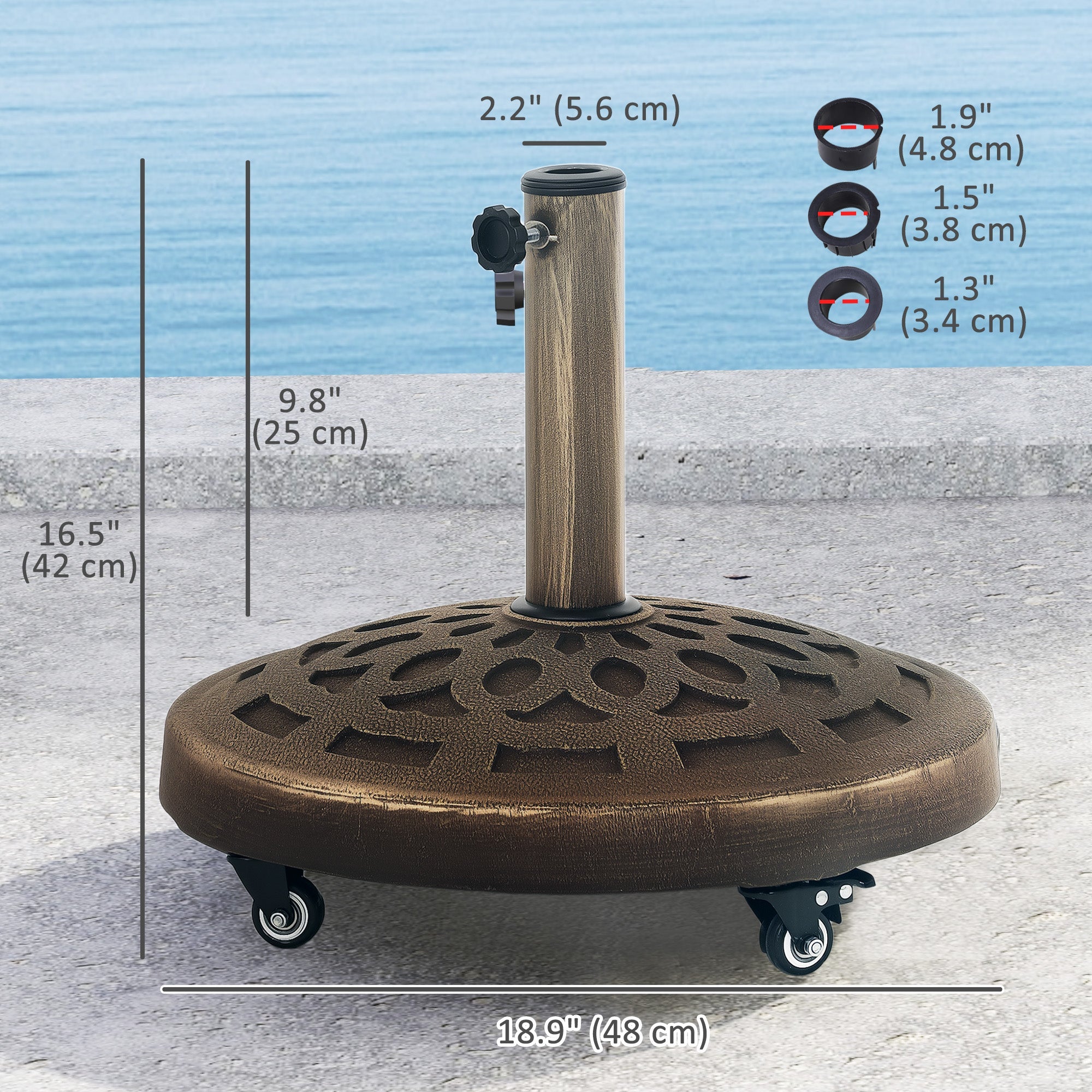 Outsunny Round Patio Umbrella Base with Wheels, 46lbs Resin Umbrella Stand Base, Heavy Duty Patio Umbrella Holder for 1.3"/1.5"/1.9" Poles for Outdoor, Lawn, Poolside, Bronze