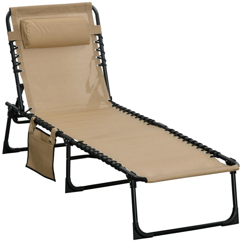 Outdoor Folding Chaise Lounge, Reclining Lounge Chair with Adjustable Backrest and Removable Pillow, Beige