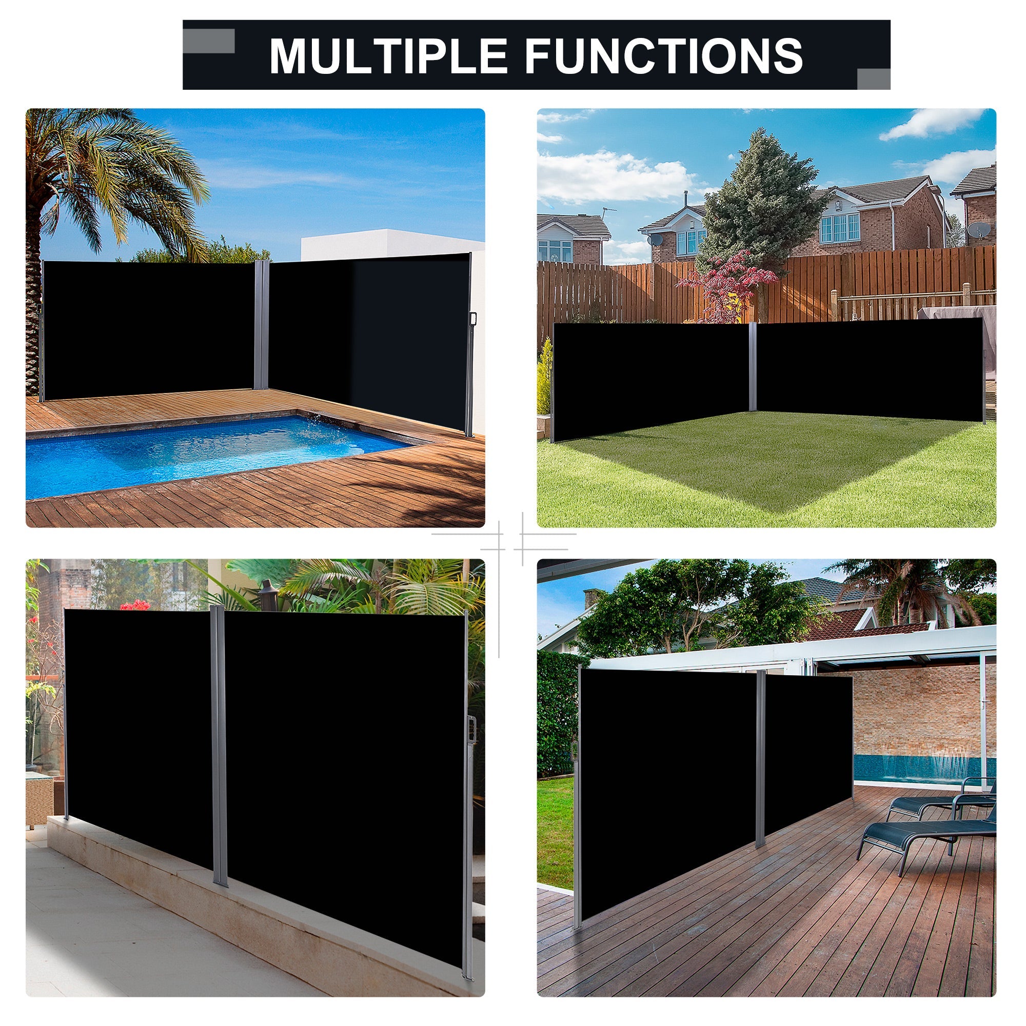 Outsunny Double Side Retractable Patio Privacy Screen Awning Outdoor Divider Sun Shade Wind Resistant Black