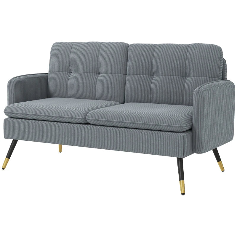 55" Loveseat Sofa, Corduroy Love Seat w/ S spring, Steel Legs and Button Tufting, Small Couch for Living Room, Dark Grey